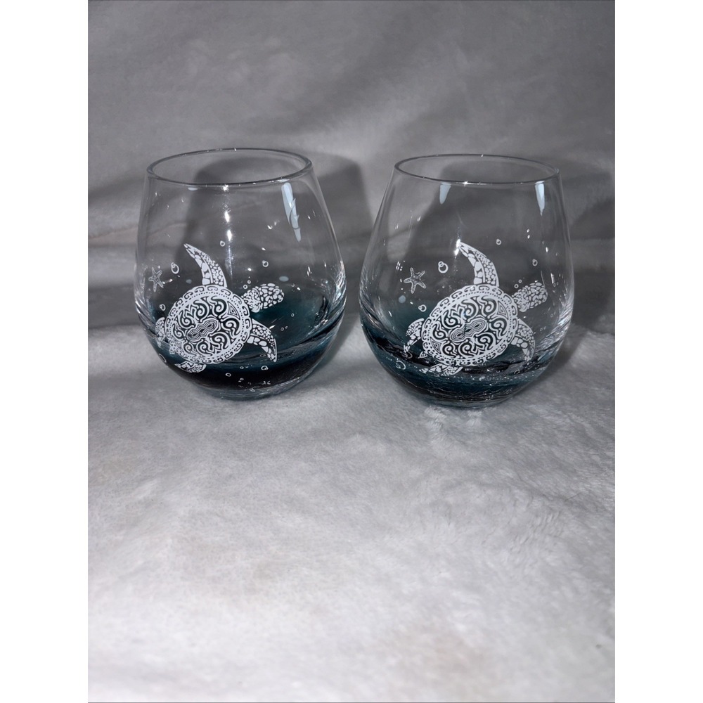 Sea Turtle Stemless Wine Crackle Glass Turquoise Aqua Ombré Hand Blown Etch 2
